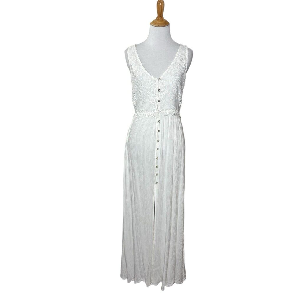 Forever 21 White Lace Sheer V Neck Dress Slit At Bottom Button Front Maxi Size M